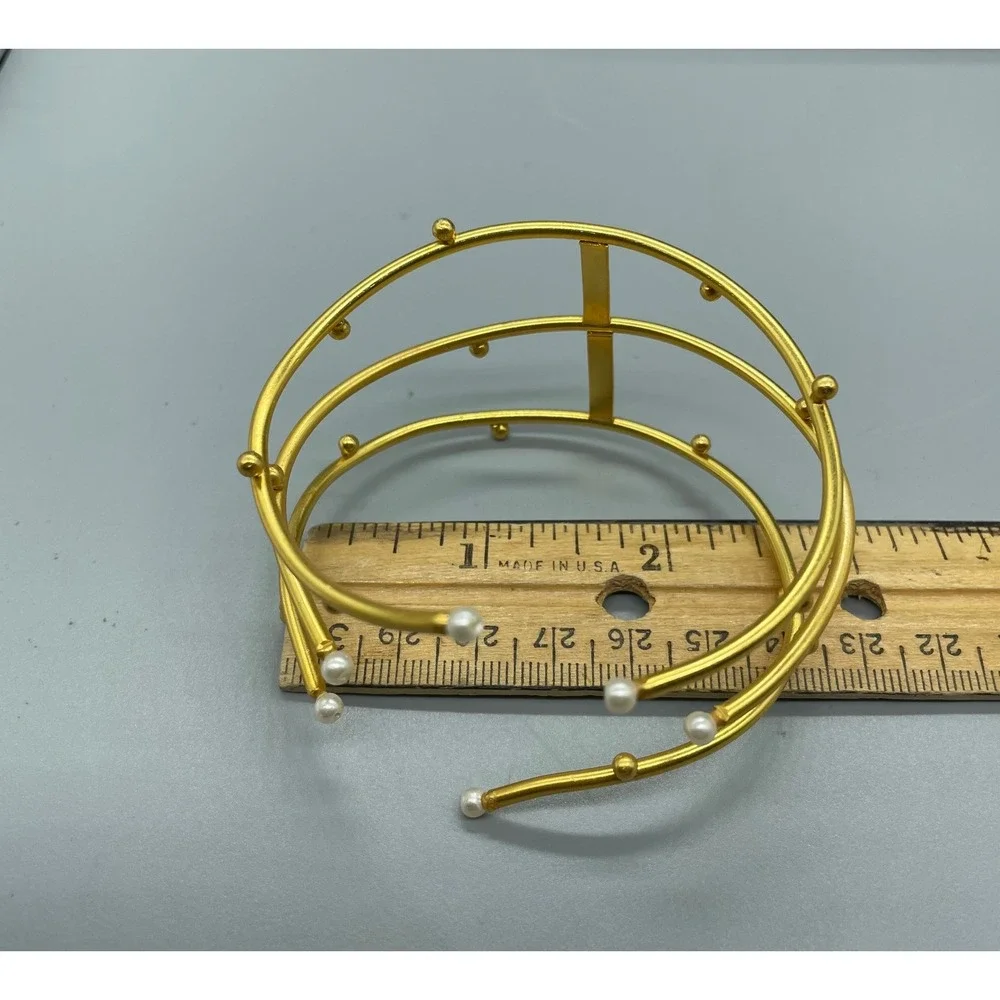Gold Tone Multi Band Pearl Tipped Cuff Bracelet Statement Cage Bangle